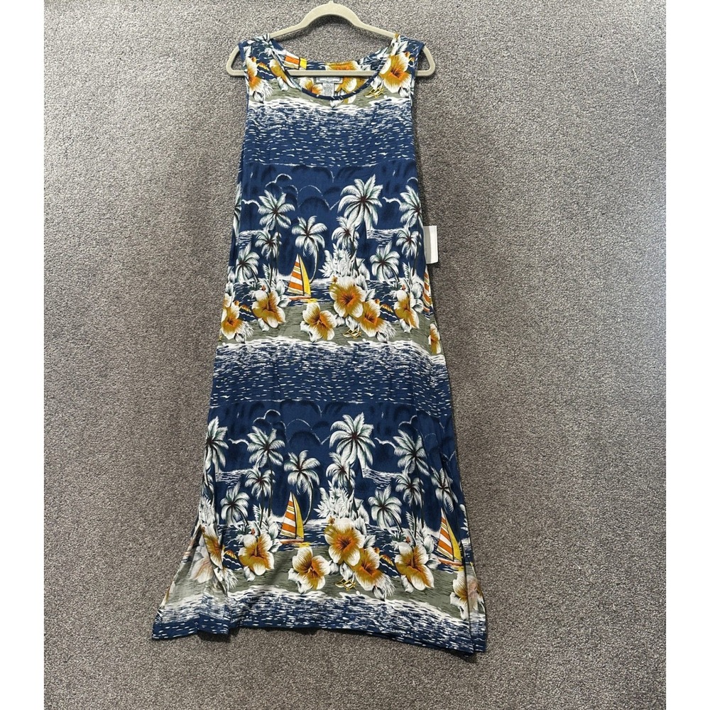 VTG Jane Ashley Maxi Dress Petite Large Blue Floral Rayon Palm‎ Tree Sailboat